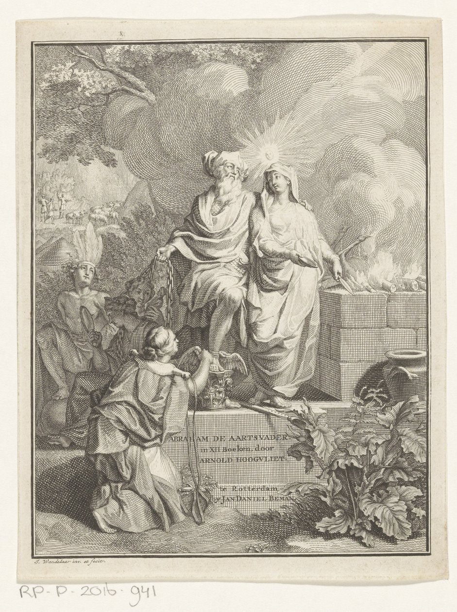 Allegorinen otsikkosivu patriarkka Abrahamin ja totuuden kanssa Nimisivu: Arnold Hoogvliet, Abraham patriarkka, XII Boeken, 1728 tekijältä Jan Wandelaar