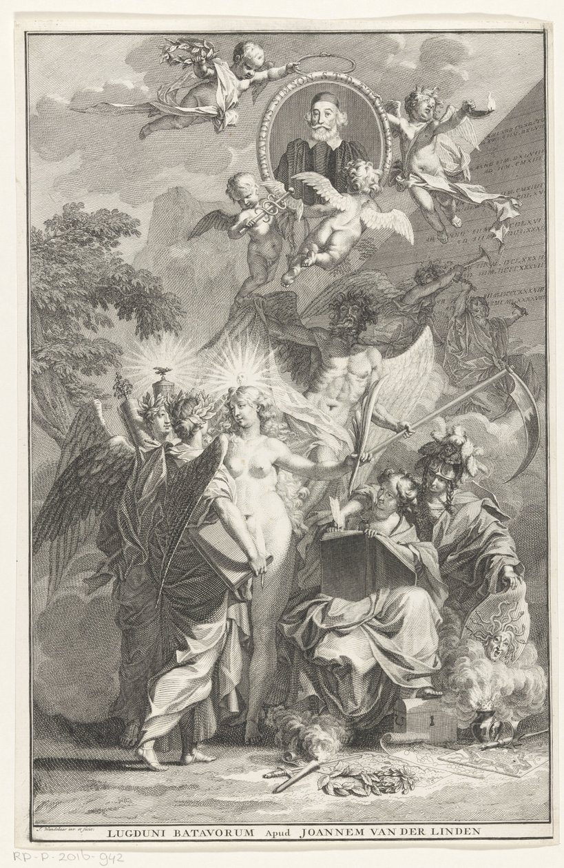 Allegorinen otsikkosivu kirjailija Edward Simsonin muotokuvalla Nimisivu: Edward Simson, Chronicon historiam catholicam complectens, 1729 tekijältä Jan Wandelaar