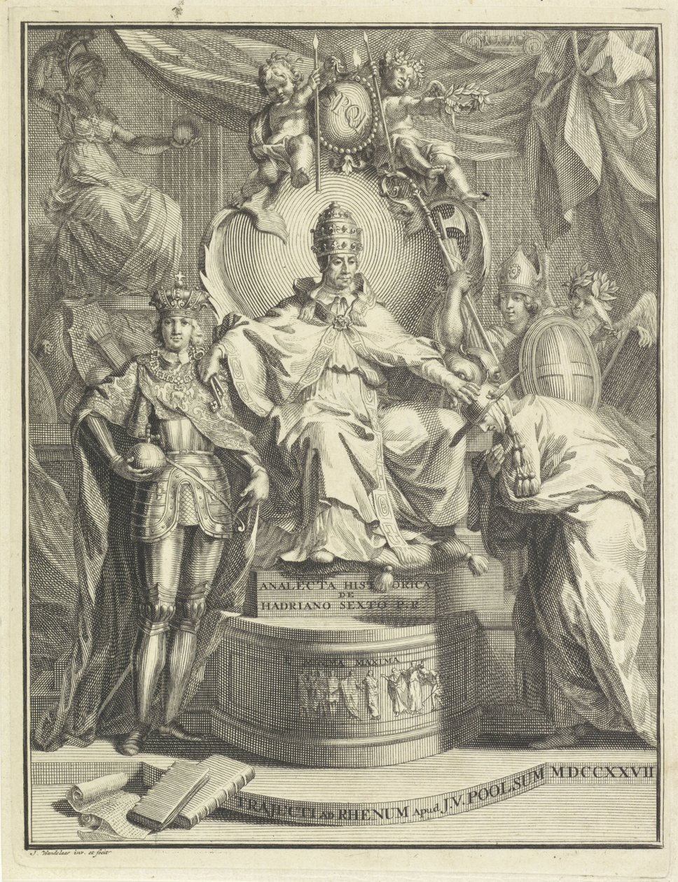 Valtaistuimella Adrian VI Otsikko voor: Burmann, Kasper. Hadrianus VI eli kuudennen roomalaisen paavin Hadrianuksen historiallinen anakleta, 1727 tekijältä Jan Wandelaar