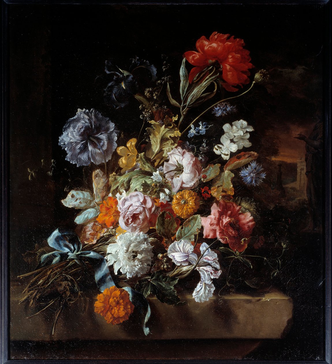 Kukkakimppu kivipenkille Maalaus Jan Weenix (1640-1719) 1694 Su. 0,74x0,67 m Lyon, Musee des Beaux Arts tekijältä Jan Baptist Weenix