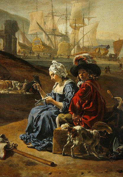 Italian satama (öljy paneeliin) (numero 406451) tekijältä Jan Baptist Weenix