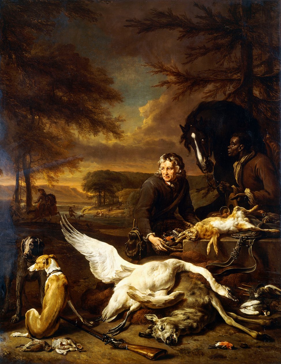 Metsästyssaalis, jossa metsästyspalvelija ja musta sivu pitelee lahtia, 1700 tekijältä Jan Baptist Weenix