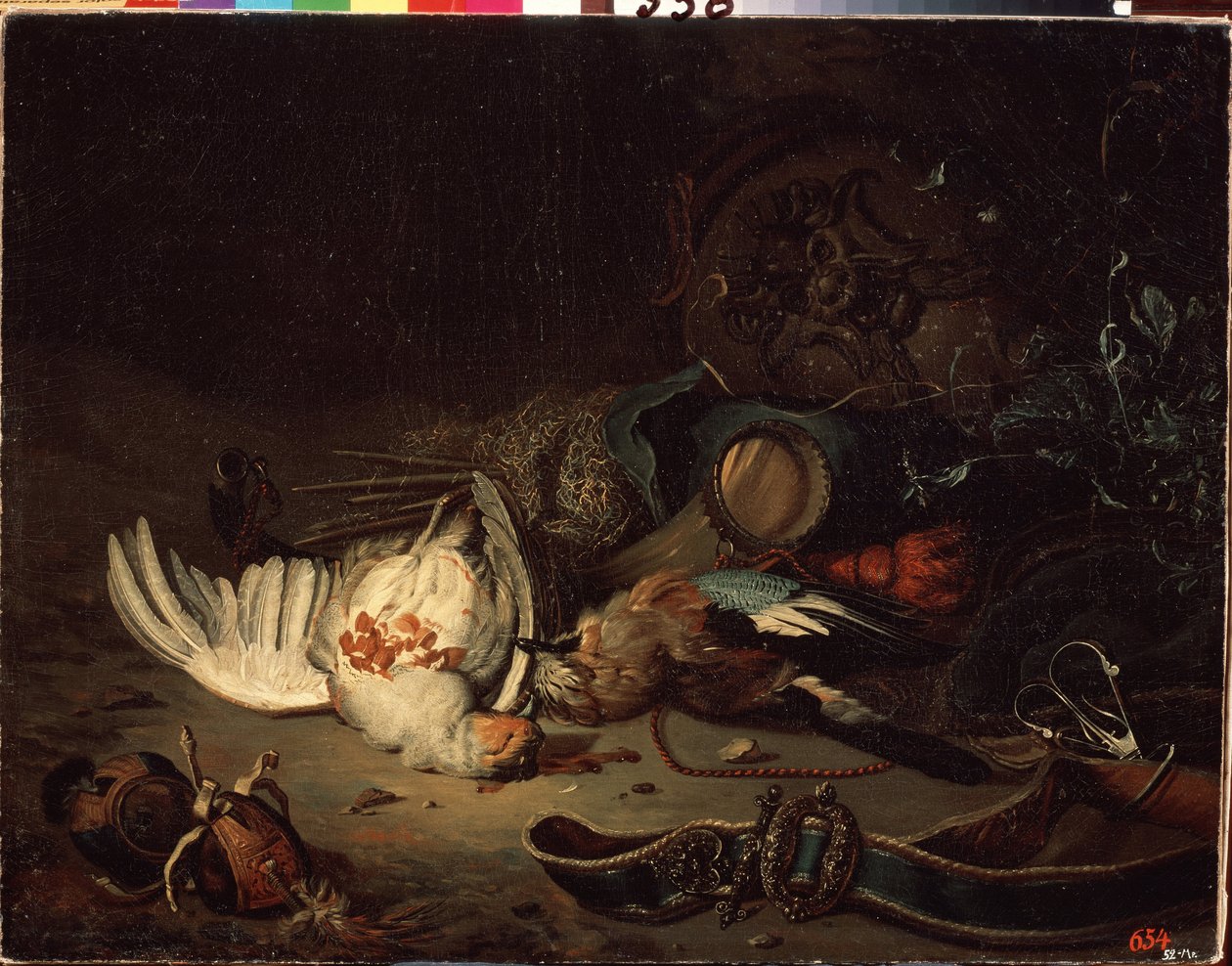 Metsästyspalkinnot. Jan Weenix nuoremman (1642-1719) maalaus. Öljy kankaalle, 1600-luvun loppu - 1700-luvun alku. Hollantilainen taide, barokkityyli. Pietarin valtion ulkoilmamuseo Pietarissa. tekijältä Jan Baptist Weenix