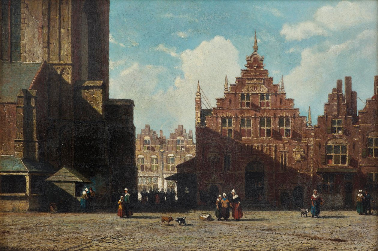 Auringonpaistettu näkymä Grote Markt -aukiolle St. Bavon kirkolla ja Vleeshal, Haarlem (öljy paneelissa) tekijältä Jan Weissenbruch