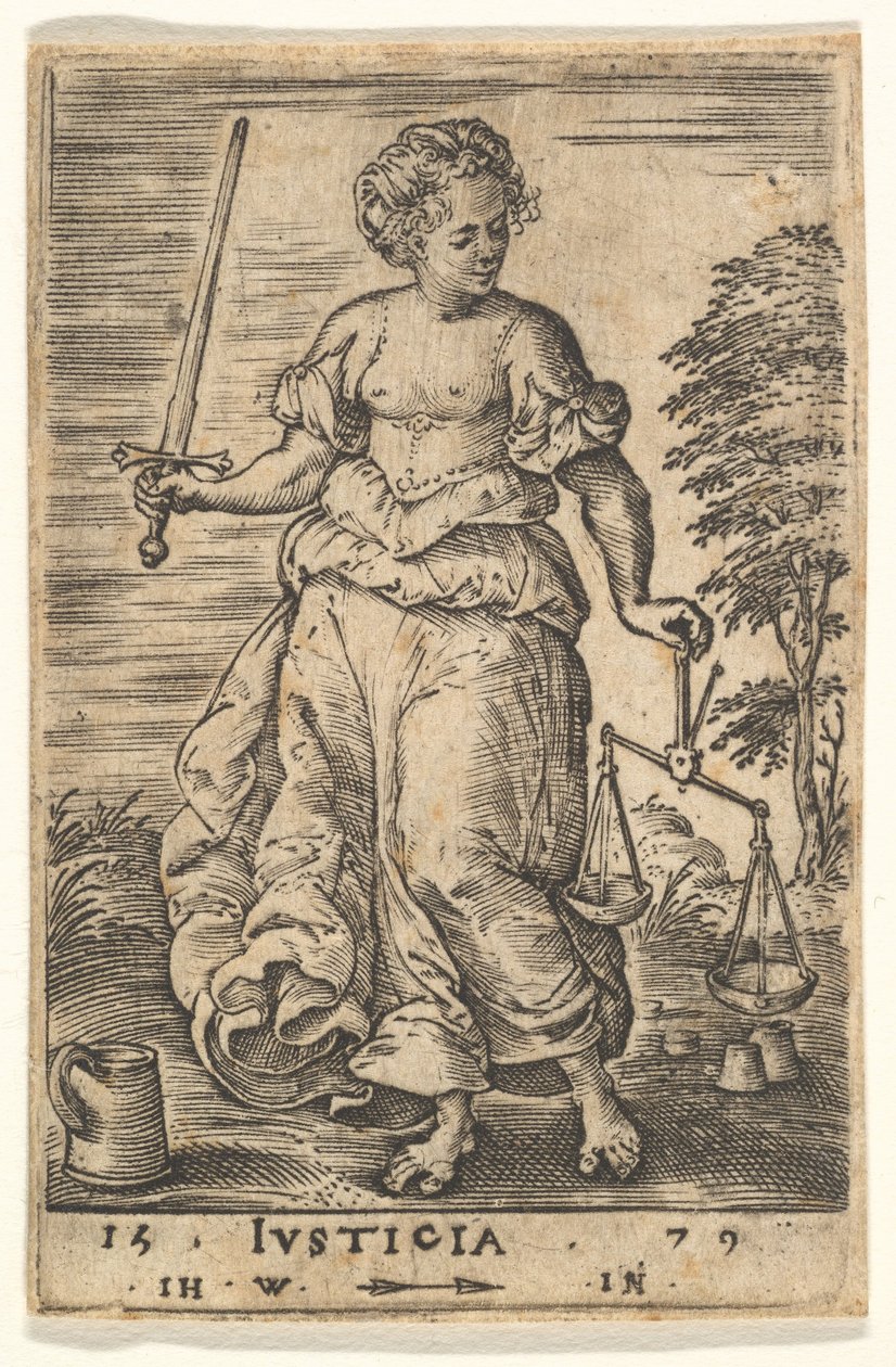 Oikeus, allegorinen hahmo, joka pitää vaakaa vasemmassa kädessään ja miekkaa oikeassa..., 1579. tekijältä Jan Wierix