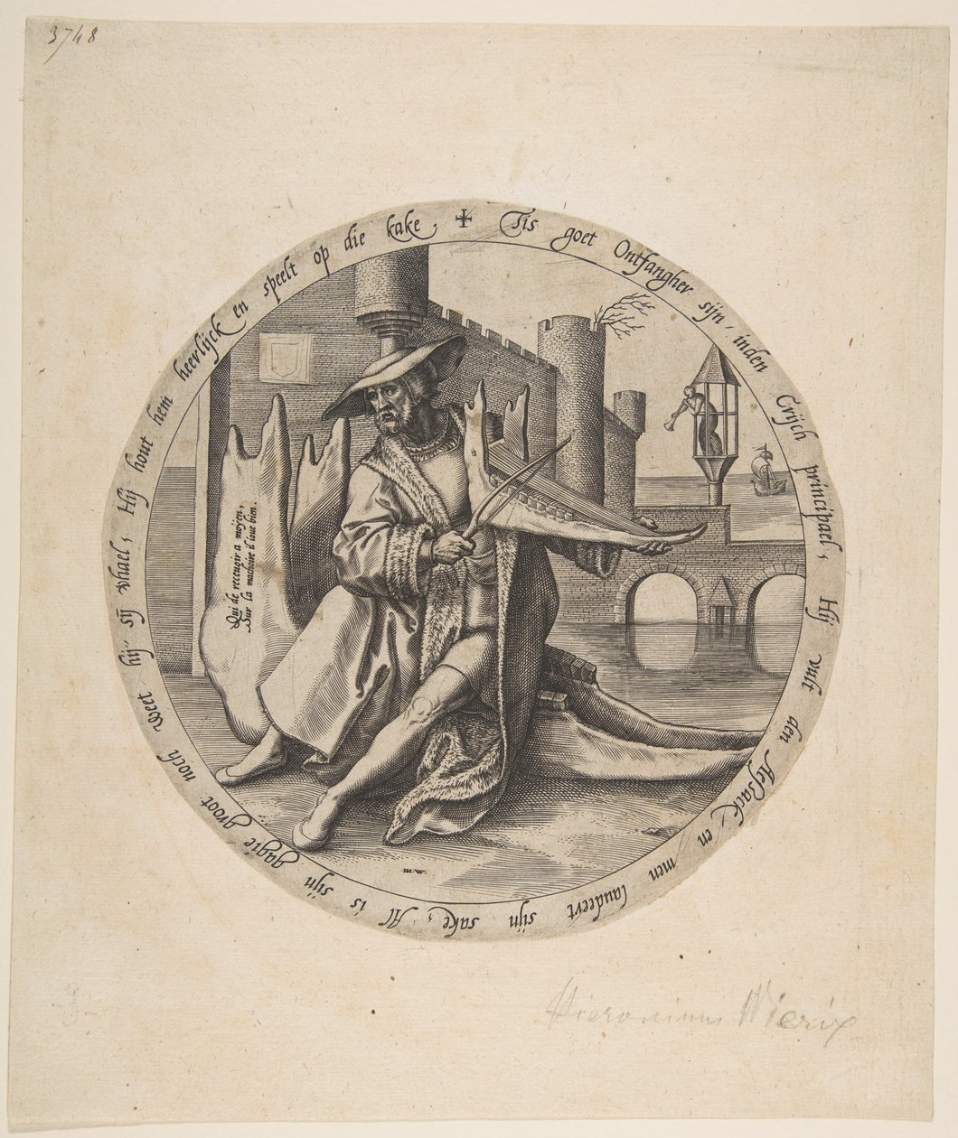Rikas mies, joka soittaa viulua leukaluussa, n. 1568. tekijältä Jan Wierix