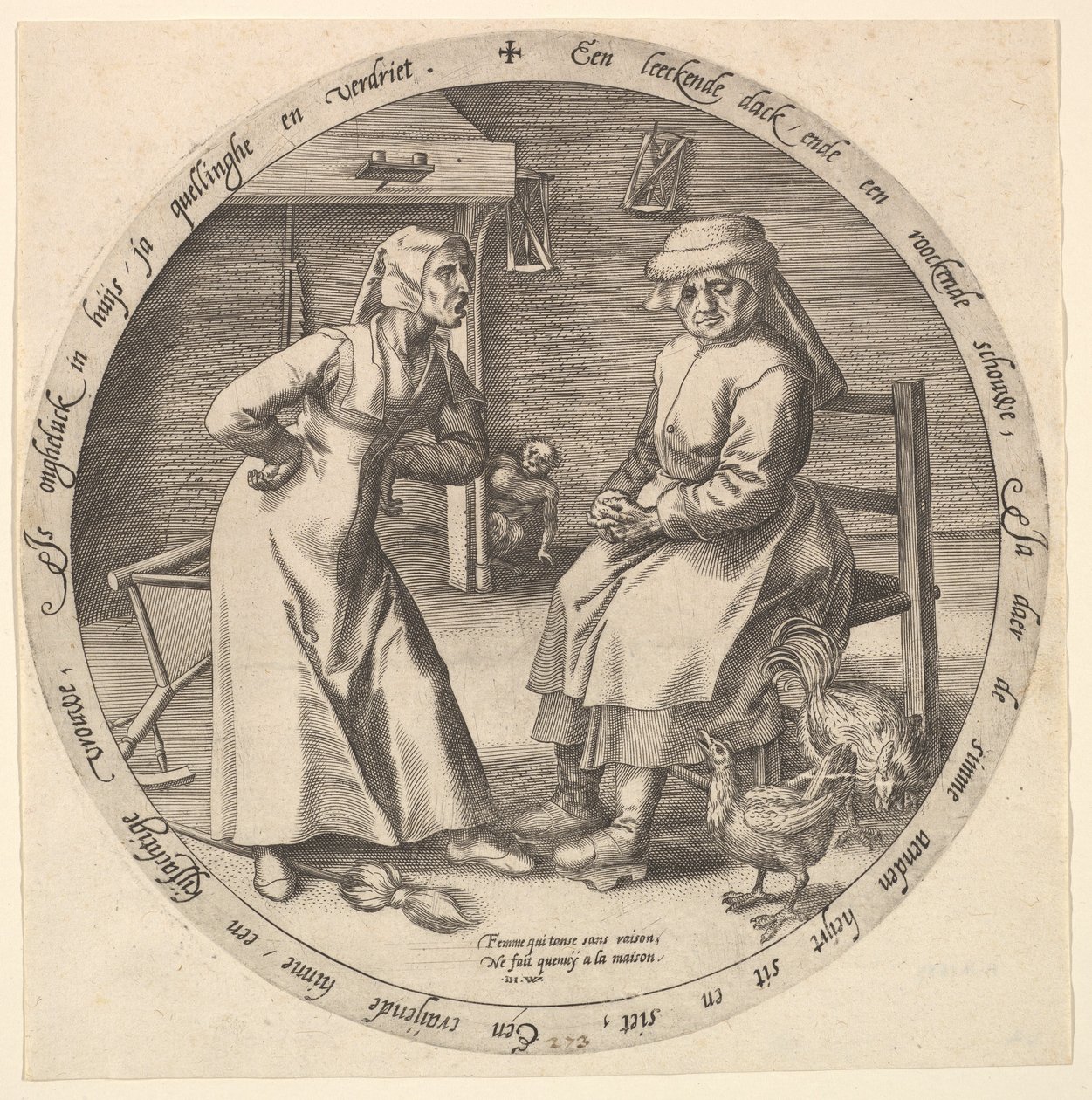 Nuhteleva nainen ja kaakeva kana, n. 1568. tekijältä Jan Wierix