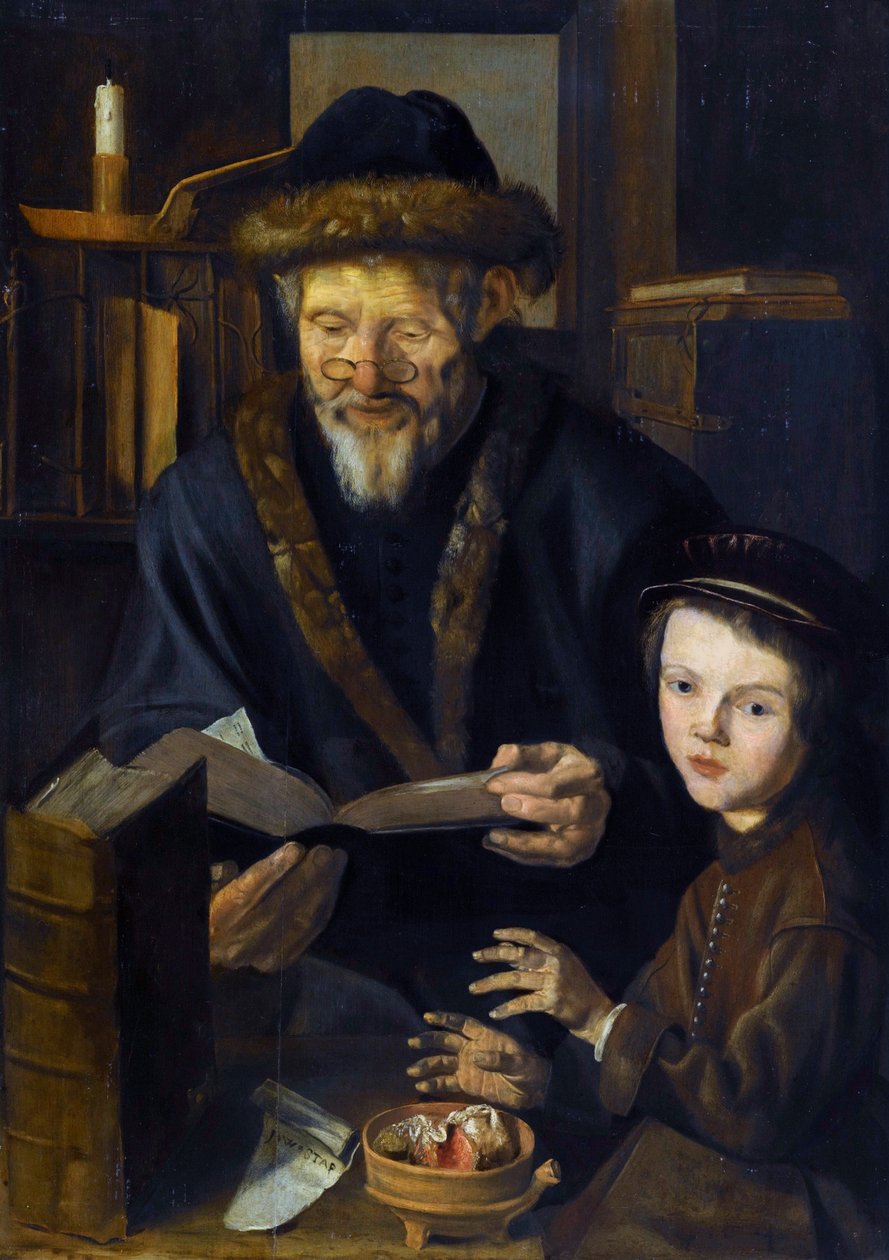 Talvi, filosofi ja nuori lapsi - Allegoria Talvi, Filosofi ja nuori lapsi - Jan Woutersz Stapin (1599-1663) maalaus - Öljy puulle, 84,5x59,5 - Yksityiskokoelma tekijältä Jan Woutersz Stap