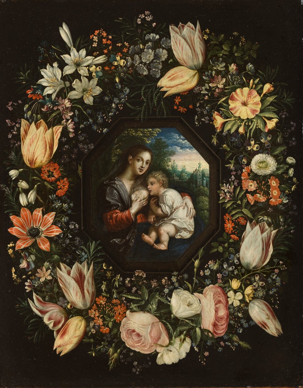 Madonna ja lapsi kukkaseppeleessä, n. 1625 (öljy kuparille) tekijältä Jan and Balen, Hendrik van Brueghel