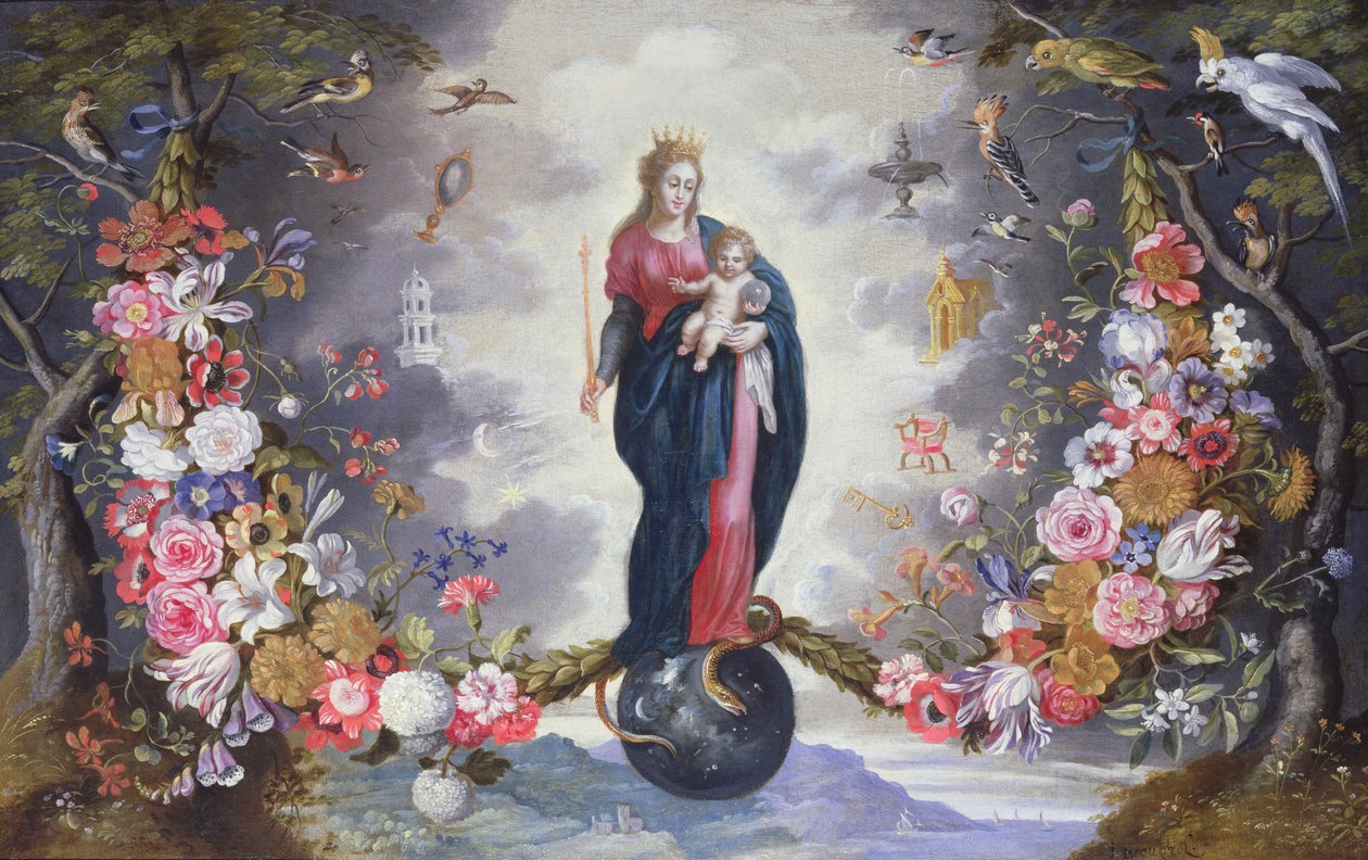 Neitsyt ja lapsi seppeleen ympäröimänä tekijältä Jan and Balen, Hendrik van Brueghel
