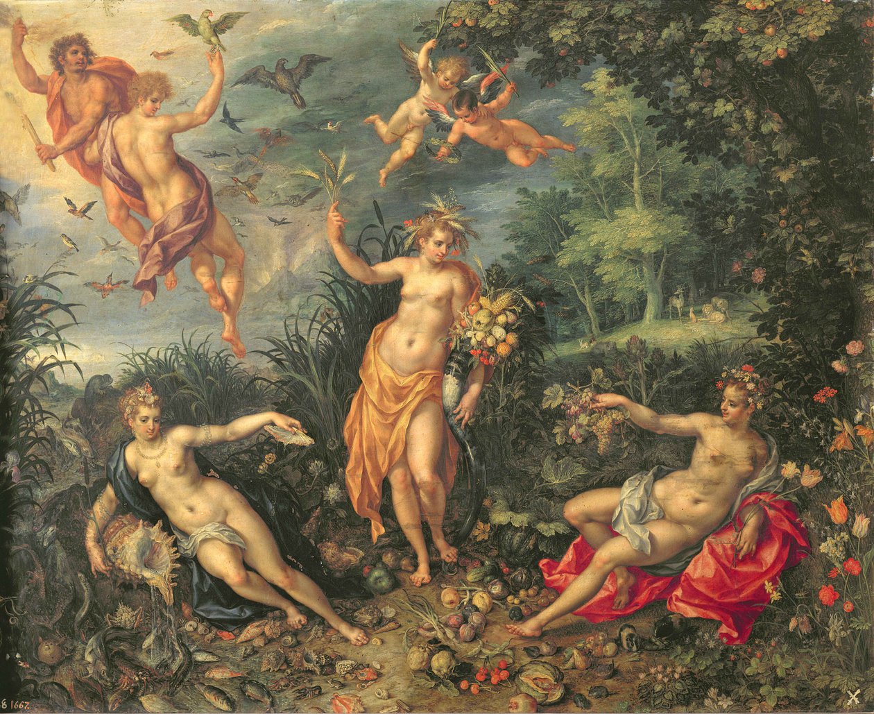 Abundance and the Four Elements, n. 1606 (öljy kuparille) tekijältä Jan and Clerk, H. Brueghel