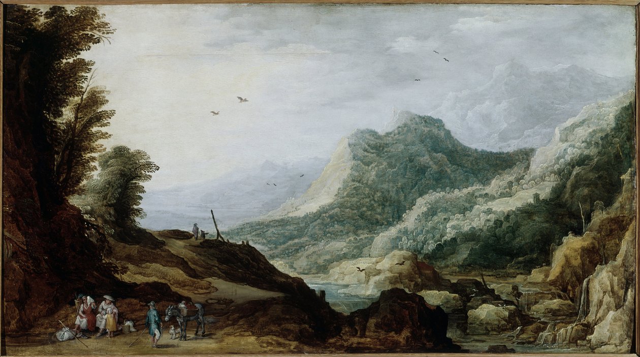 Vuoristomaisema talonpoikaperheellä tienvarrella (Maalaus, n. 1620-1630) tekijältä Jan and Momper Joos de  Brueghel