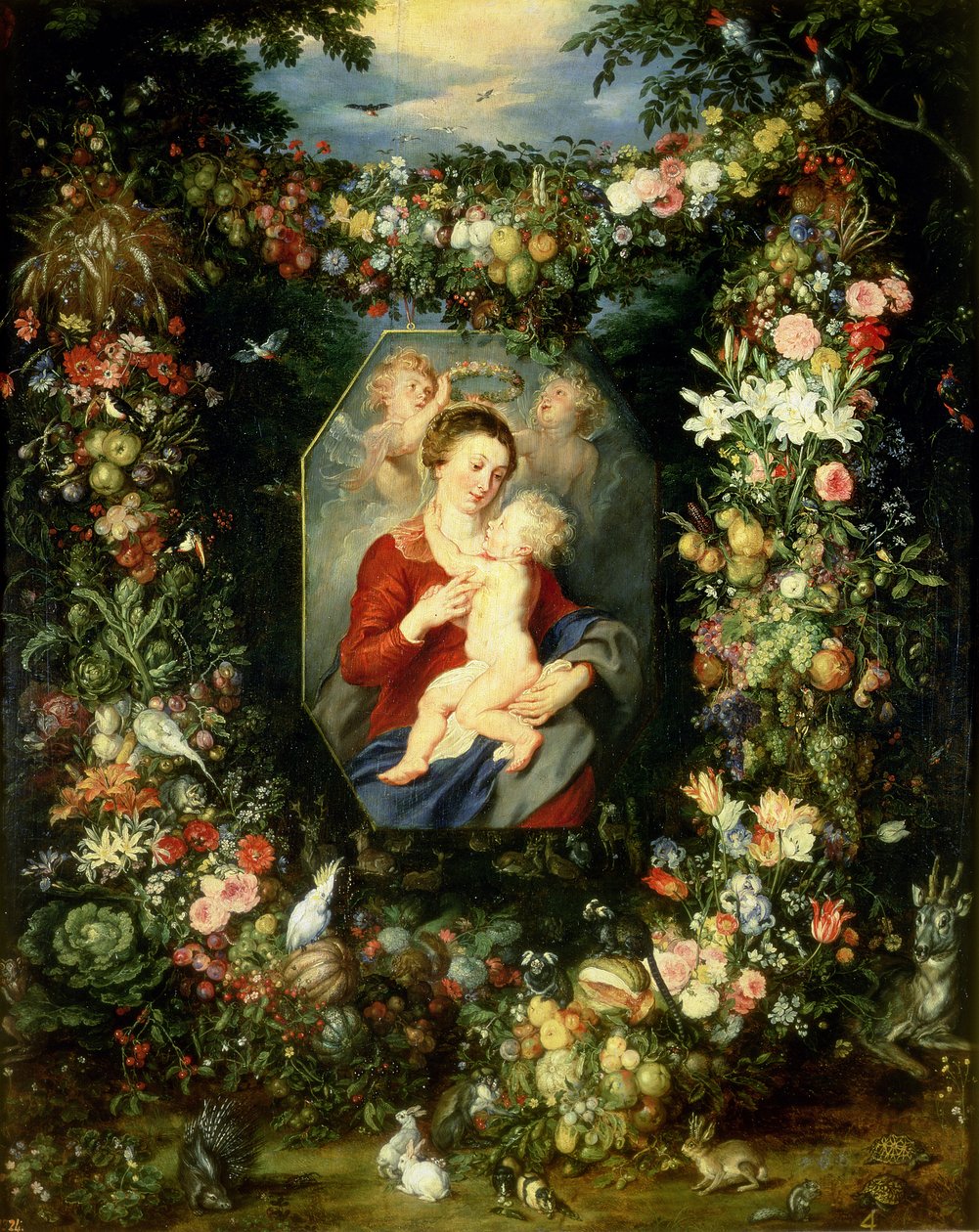 Neitsyt ja lapsi hedelmien ja kukkien seppeleessä, n. 1614-1818 tekijältä Jan and Rubens, P.P. Brueghel