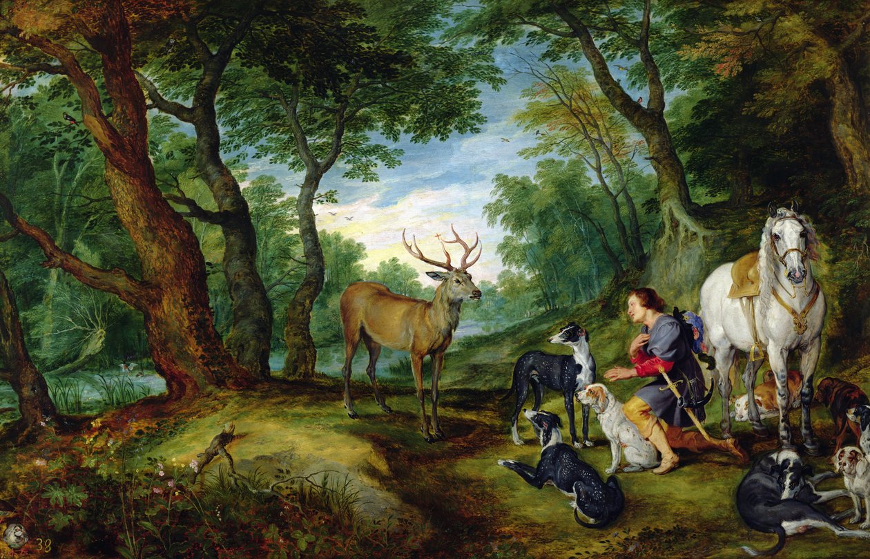 Pyhän Hubertin visio, noin 1620 tekijältä Jan and Rubens, P.P. Brueghel