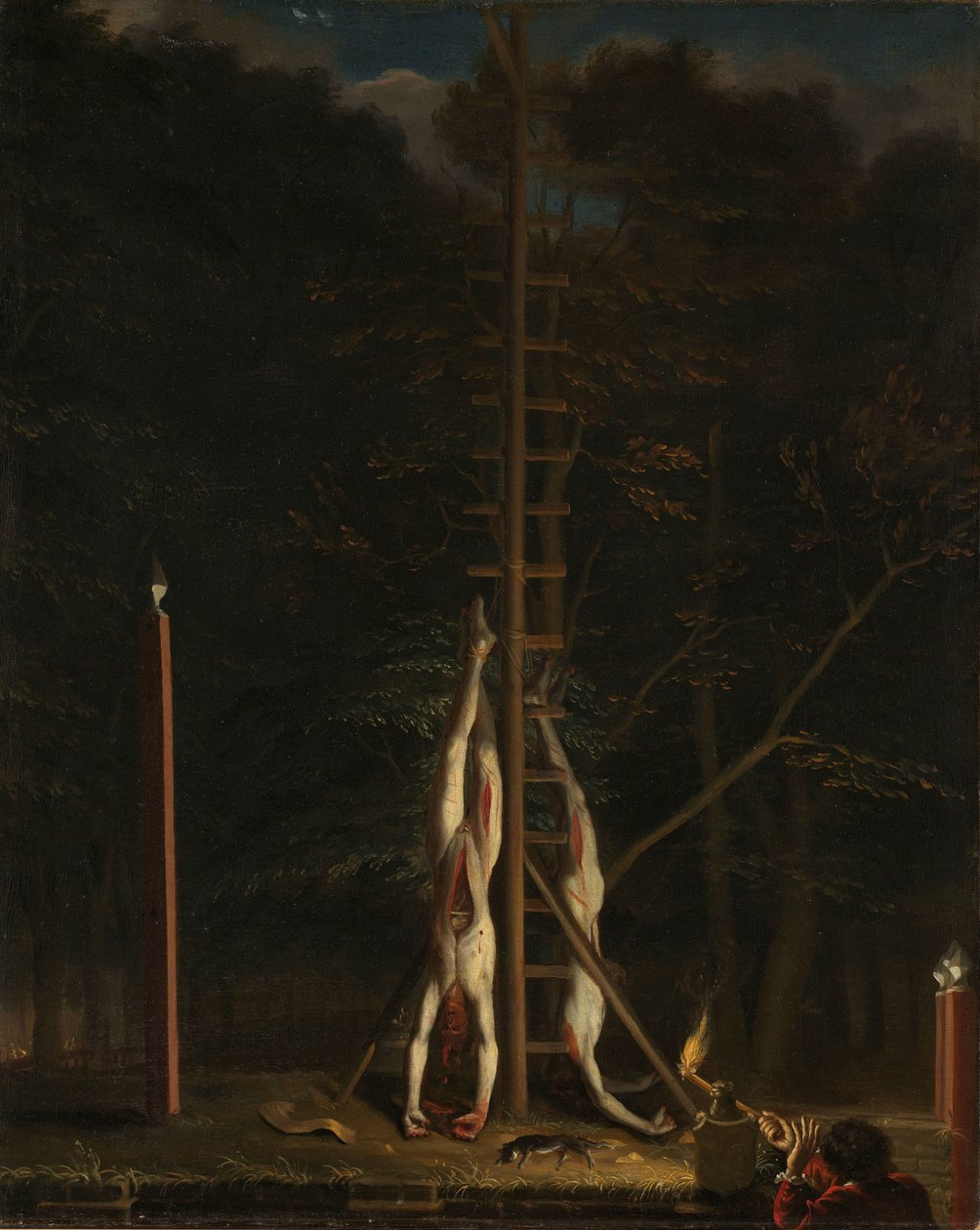 De Wittin veljesten ruumiit De Wittin veljesten, Janin ja Cornelisin ruumiit, riippuvat Groene Zoodjessa Vijverbergissä, Haag, 1672 tekijältä Jan de Baen (attributed to)
