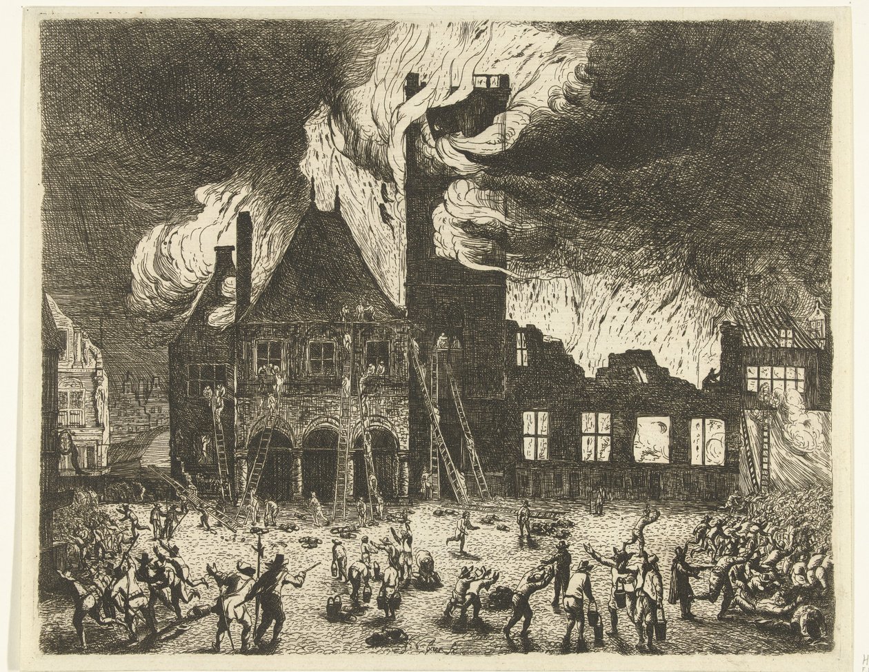 Tuli Amsterdamin vanhassa kaupungintalossa, 1652 Kuvaus vanhoista Stadthuysista, jotka poltettiin Amsterdamiin 7. heinäkuuta 1652 tekijältä Jan de Baen