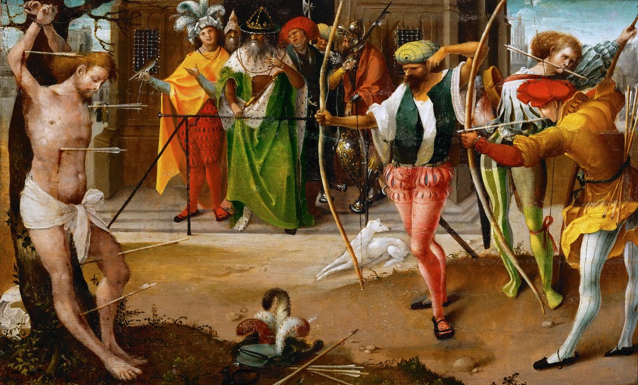 Pyhän Sebastianin marttyyrikuolema - Jan De Beer (noin 1475-1528). Öljy puulle, c. 1510. Mitat : 25,5x41,5 cm. Taidehistoriallinen museo, Vienne tekijältä Jan de Beer