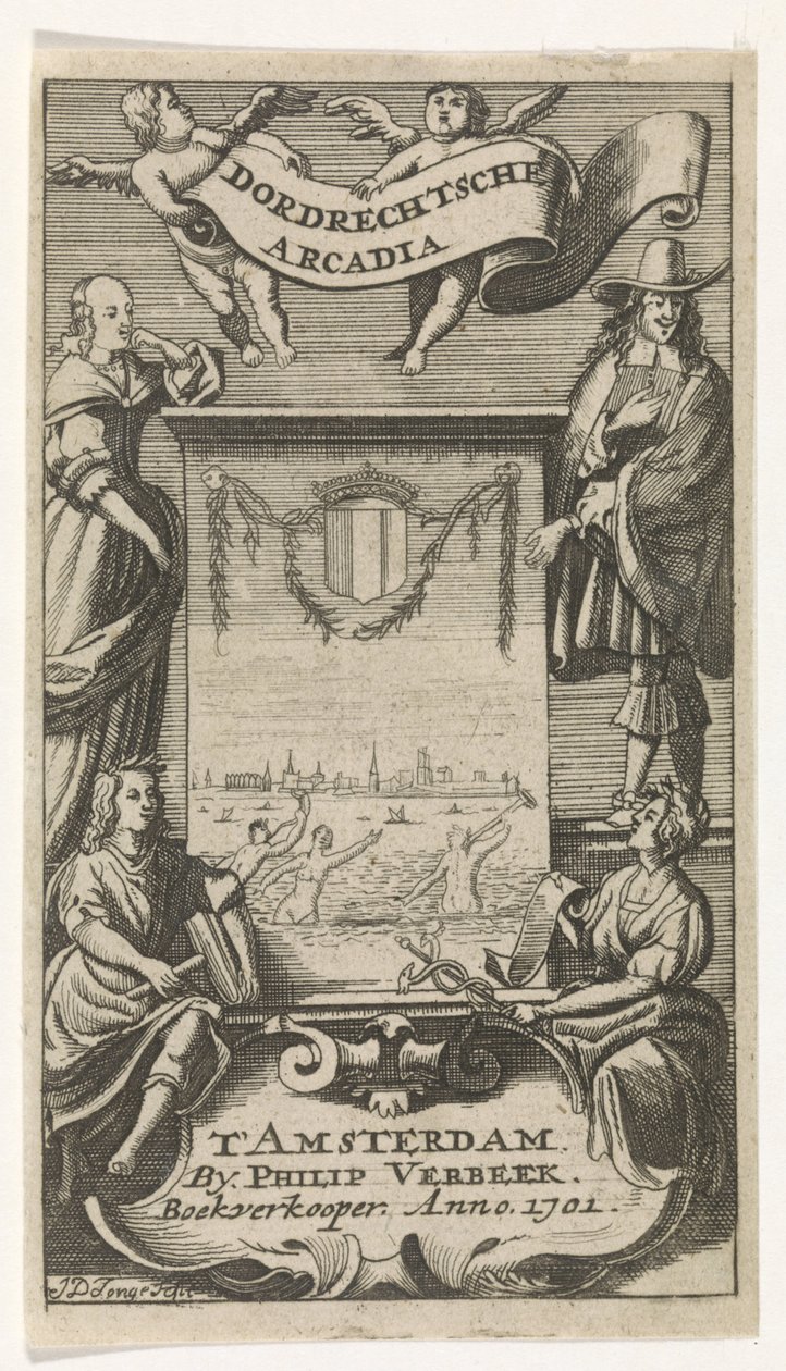 Neljä hahmoa kehyksen ympärillä, josta on näkymä Dordrechtiin Nimisivu: Dordrechtsche Arcadia, 1701 tekijältä Jan de Jonge