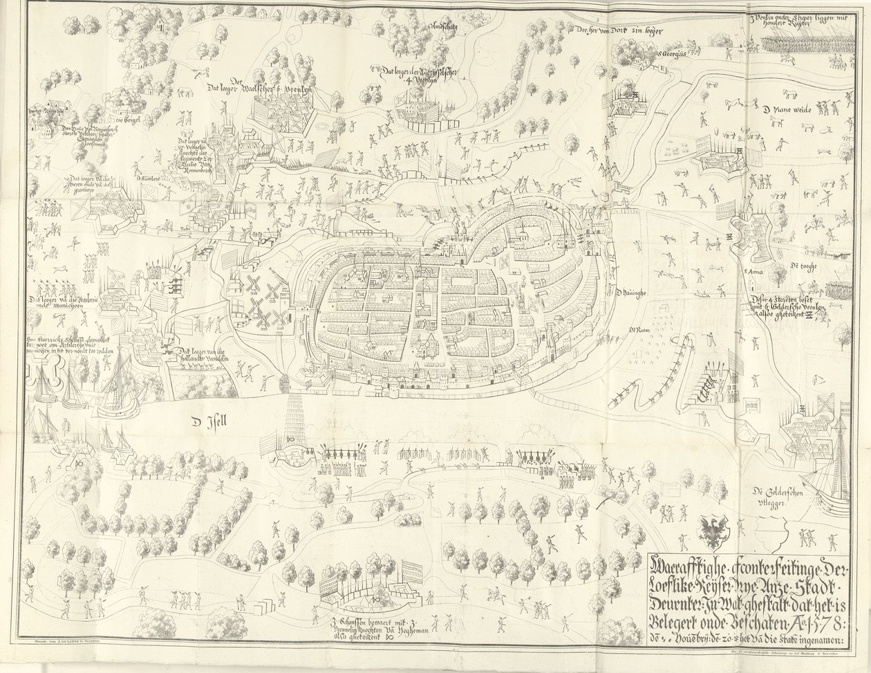 Deventerin piiritys ja vangitseminen, 1578 Waerafftighe afconterfeitinge der loeflike Keyser ilmainen Anze Stadt Deventer Missä ghestaltissa se on Belgert onde Beschaten Ao. 1578 (otsikko esineessä) tekijältä Jan de Lange (II) (signed by artist)