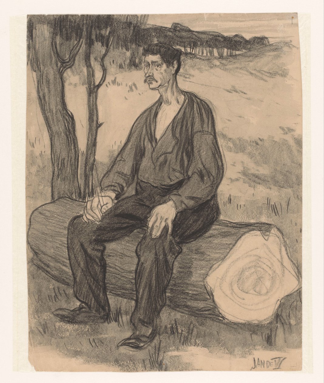Mies istuu puunrungolla tekijältä Jan de Waardt (signed by artist)