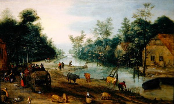 Kesäinen metsäinen jokimaisema, jossa matkustajat saapuvat majataloon (öljy paneelille) tekijältä Jan the Elder (circle of) Brueghel