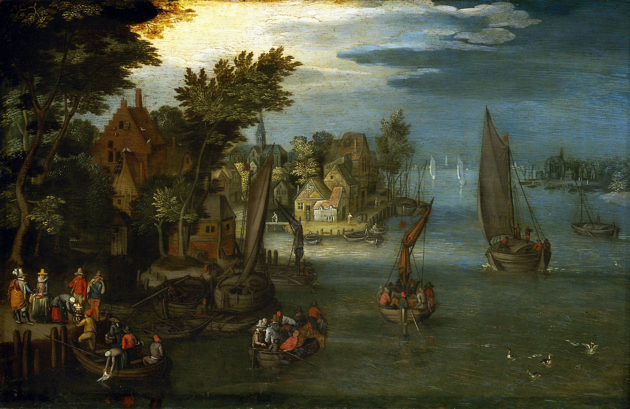 Vilkas jokiranta, jossa on hollantilaisia veneitä ja matkustajia nousemassa vaihtoveneeseen ylitystä varten. tekijältä Jan the Elder (circle of) Brueghel