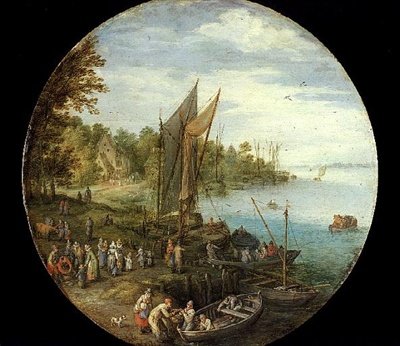 Metsäinen jokisuisto, jossa on lautta (öljy paneelille) tekijältä Jan the Elder Brueghel
