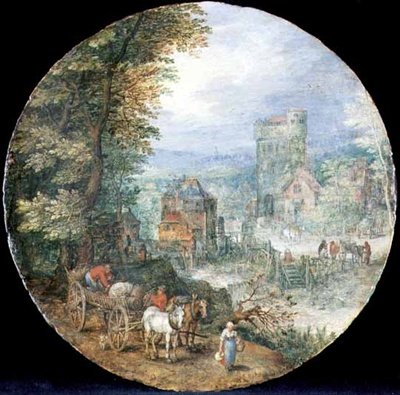Laaja metsäinen maisema, jossa on kaupunkia, myllyä ja talonpoikia tekijältä Jan the Elder Brueghel