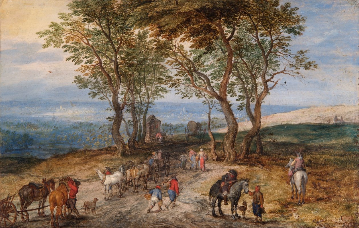 Maantiekohtaus hahmoineen: Mies rukoilemassa pyhäkössä, n. 1610 (öljy kuparille) tekijältä Jan the Elder Brueghel