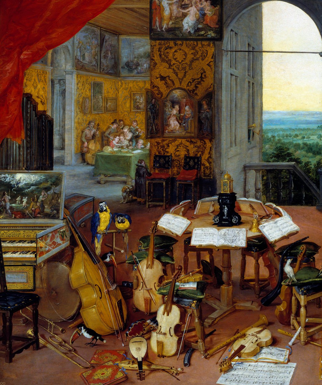 Yksityiskohtainen kuulo soittimista (sello, viulu, luuttu, huilu, cembalo). Jan Brueghelin maalaus Le Vieux kutsuu Brueghel de Veloursia (Brueghel tai Brueghel tekijältä Jan the Elder Brueghel
