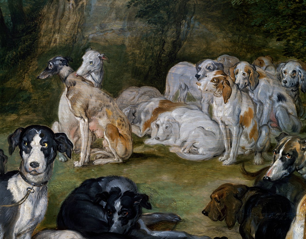 Koirat, yksityiskohta Dianalta ja Nymphsilta lähtöhetkellä tekijältä Jan the Elder Brueghel