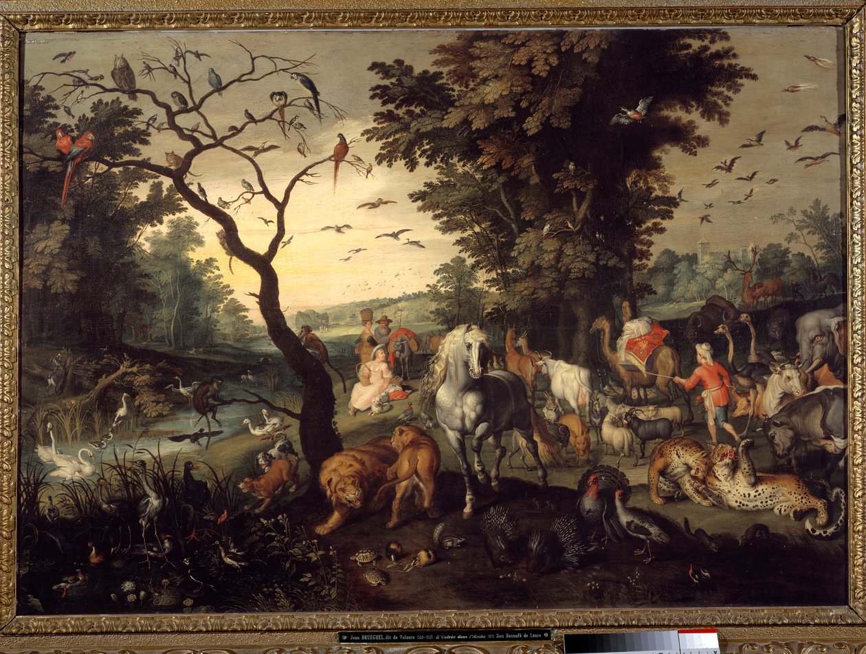 Sisäänkäynti arkkiin Eläimet saapuvat Noen arkkiin ennen vedenpaisumusta. Jan Brueghel vanhemman maalaus nimeltä Brueghel de Velours tekijältä Jan the Elder Brueghel