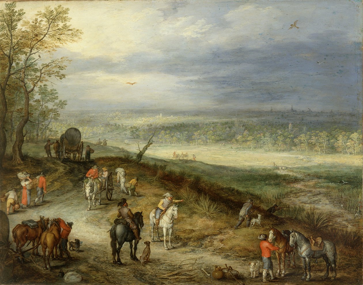 Laaja maisema, jossa kulkijoita maatiellä, n.1608-10 (öljy kuparille). tekijältä Jan the Elder Brueghel