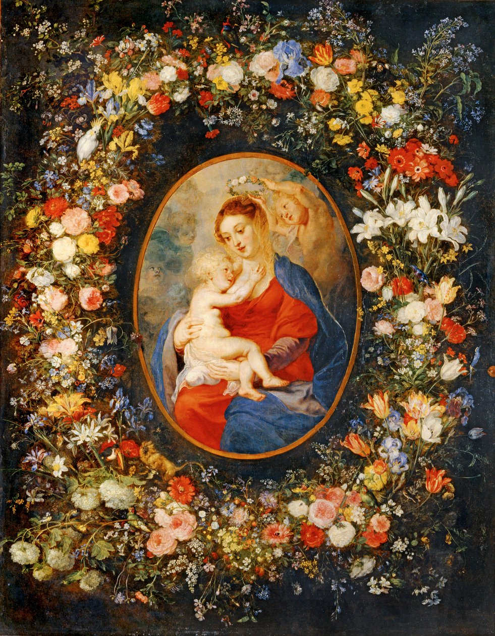 Neitsyt, Jeesus-lapsi ja enkelit kukkaseppeleen keskellä. Rubensin medaljonki ... tekijältä Jan the Elder Brueghel