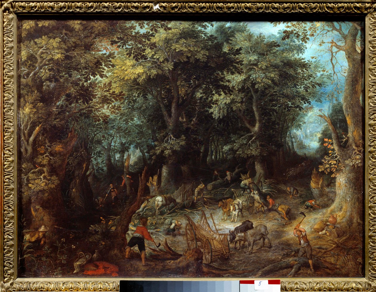 Maisema metsässä, metsälehmät Jan Bruegelin (tai Breugelin tai Brueghelin tai Breughelin) maalaus, entinen tunnettiin nimellä Bruegel de Velours (1568-1625) 1600-luvun Toulouse, Musee des Augustins. tekijältä Jan the Elder Brueghel