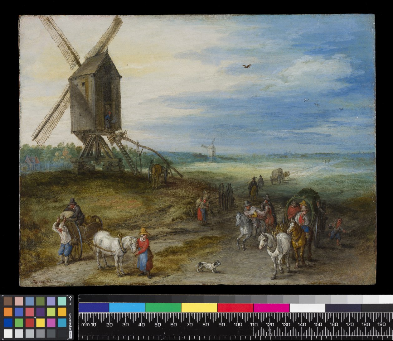 Maisema myllyllä ja kärryillä, n. 1611 (öljy kuparille) tekijältä Jan the Elder Brueghel