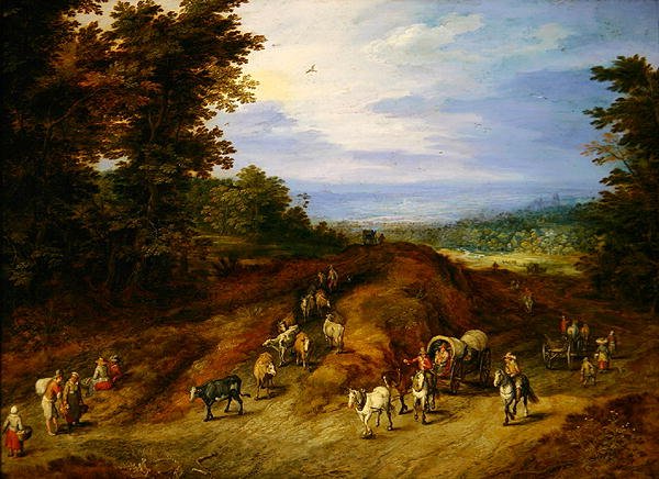 Maisema talonpoikien, kärryjen ja eläinten kanssa (öljy kuparilla) tekijältä Jan the Elder Brueghel