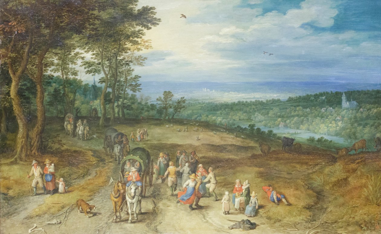 Maisema, jossa kulkijoita ja talonpoikia radalla tekijältä Jan the Elder Brueghel