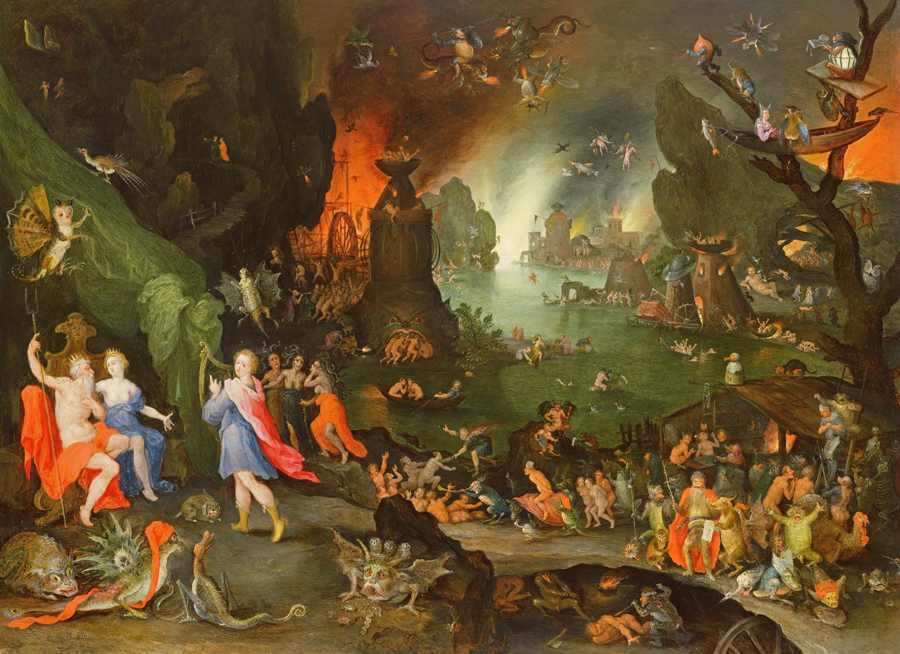 Orpheus harpun kanssa soittamassa Plutolle ja Persefonelle alamaailmassa tekijältä Jan the Elder Brueghel