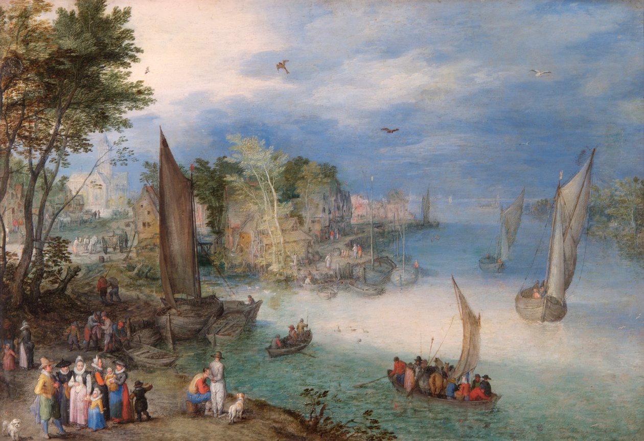 Jokikohtaus veneillä ja hahmoilla tekijältä Jan the Elder Brueghel