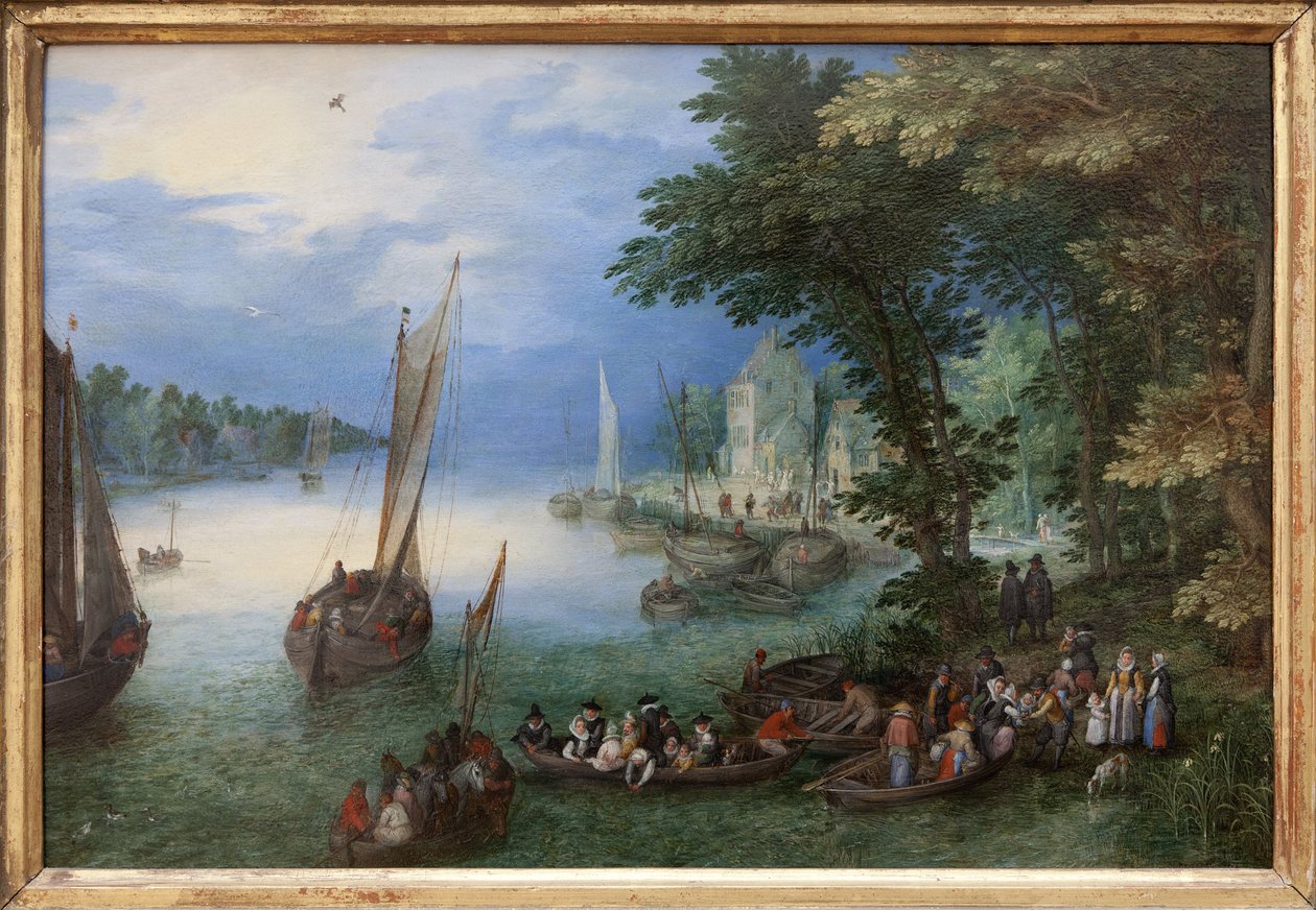 Jokikohtaus tai parkku, Jan Brueghelin öljymaalaus kuparille, Brueghel de Velours (1568-1625), noin 1605. Mitat: 24 x 36 cm. Valokuvaus, KIM Youngtae, Nantes, Musee des Beaux Arts de Nantes. tekijältä Jan the Elder Brueghel