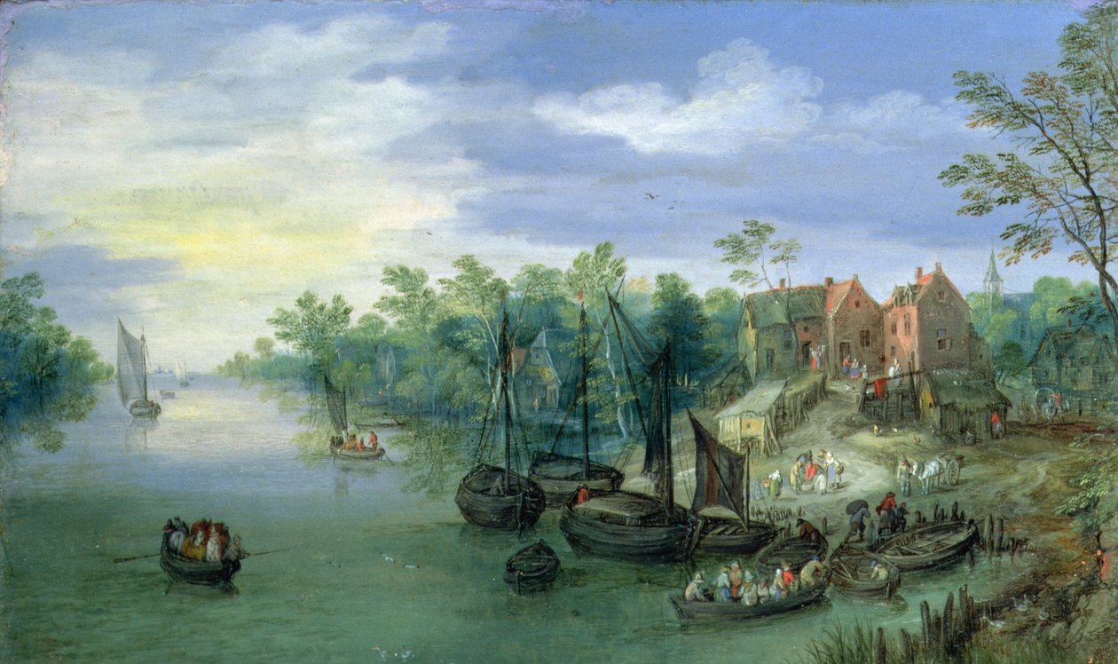 Rivercraft lähellä laituria, 1597 tekijältä Jan the Elder Brueghel