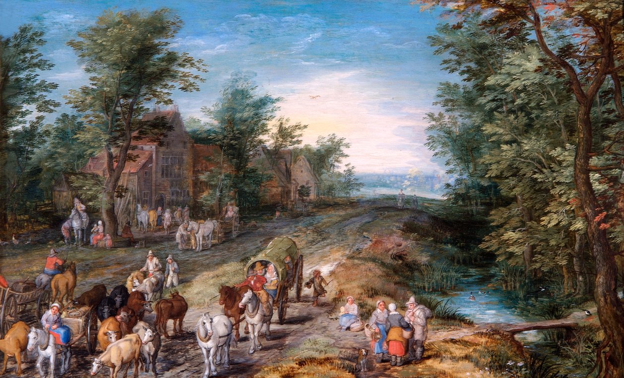 Tiekohtaus matkustajien ja karjan kanssa, n. 1611 (öljy tammipaneelille) tekijältä Jan the Elder Brueghel