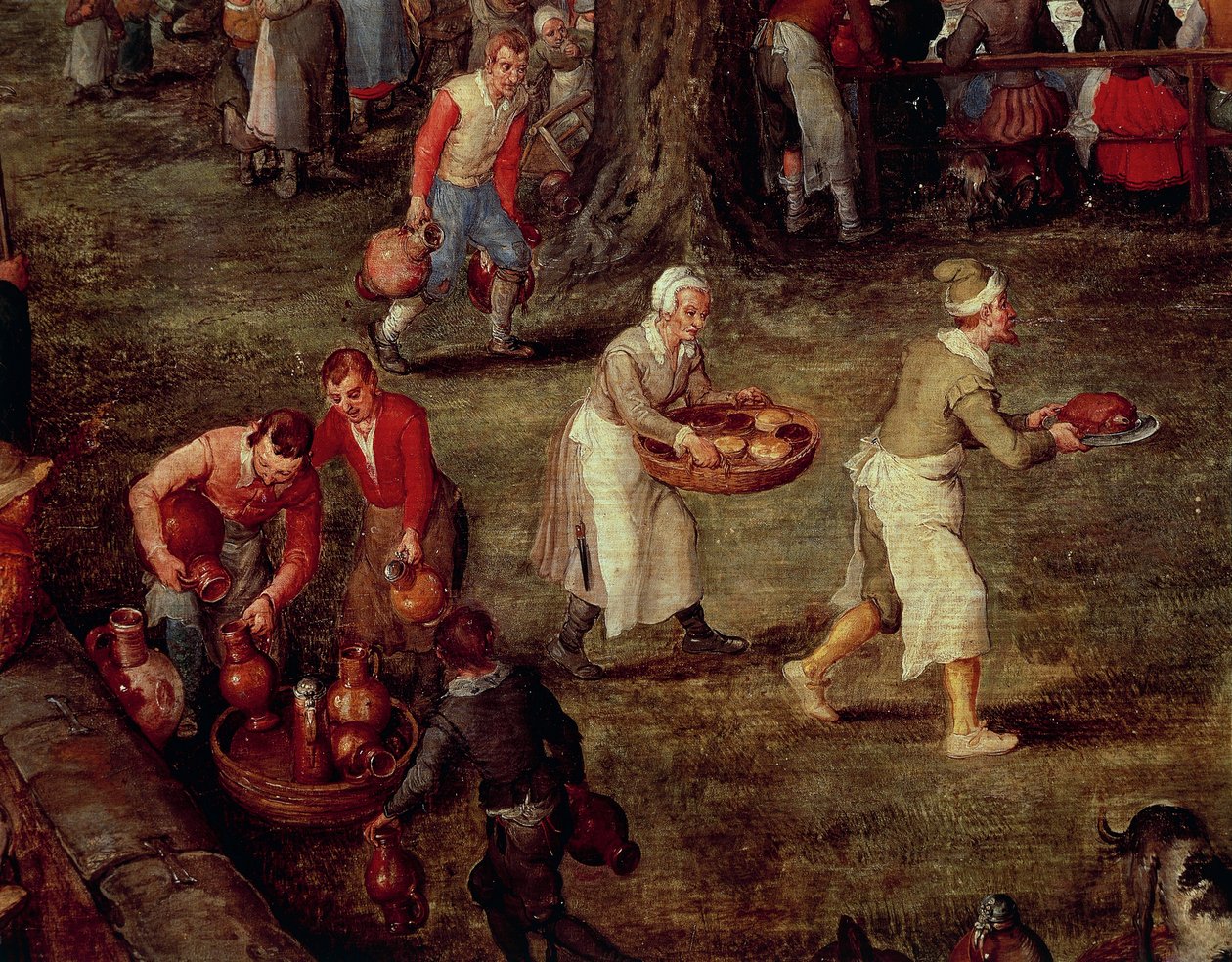 Tarjoilijat, jotka kantavat ruokaa ja viiniä tekijältä Jan the Elder Brueghel