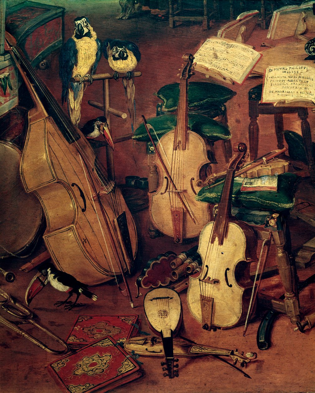 Kielet ja papukaijat, yksityiskohta Viiden aistin allegoriasta (maalaus tekijältä Jan the Elder Brueghel