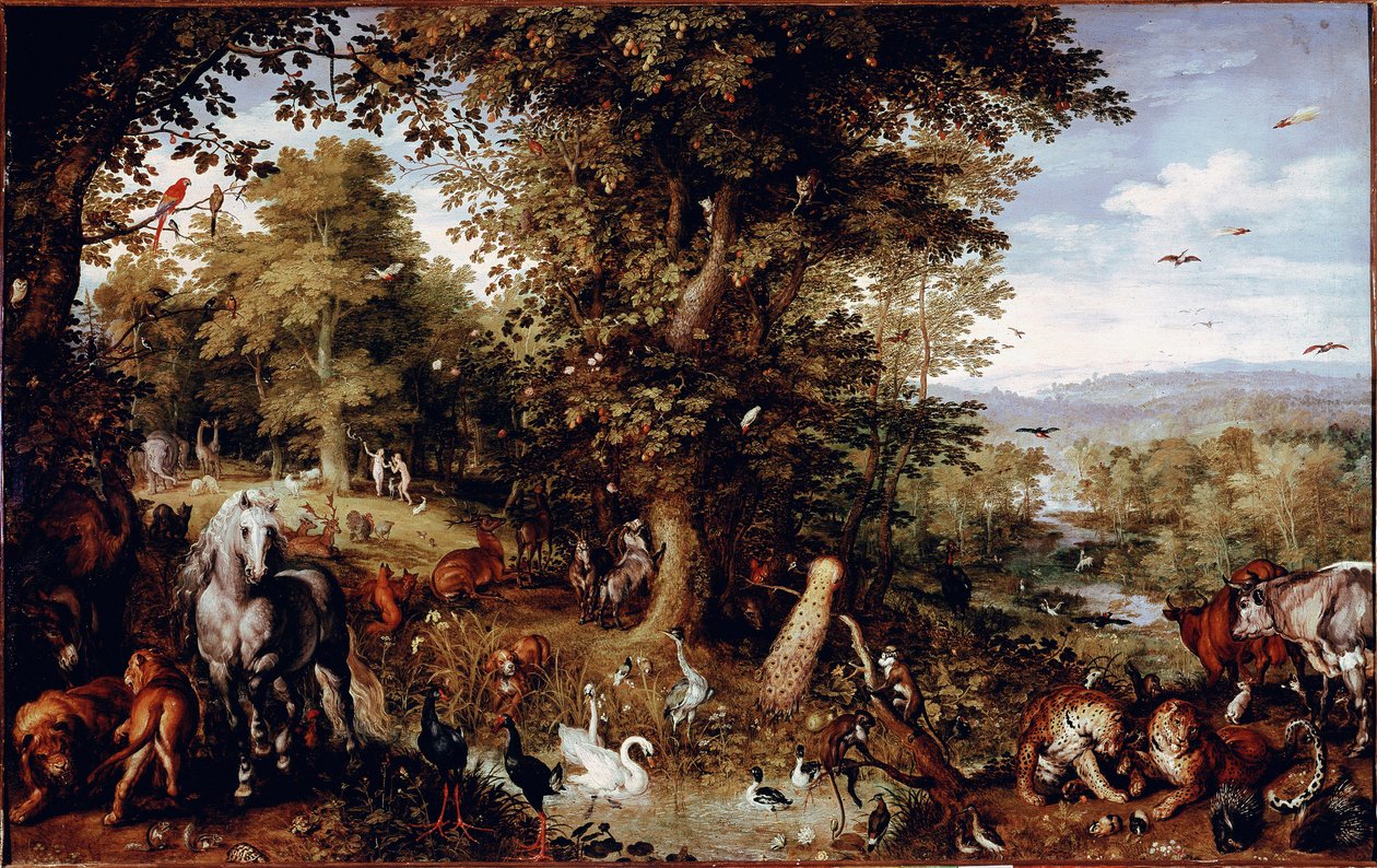 Ikuinen paratiisi Kaikki luomakunnan eläimet edustettuina pareittain. Maalaus Jan Bruegel (tai Breugel tai Brueghel tai Breughel), entinen tunnettiin nimellä Bruegel de Velours (1568-1625) Rome Galleria Doria Pamphilj tekijältä Jan the Elder Brueghel