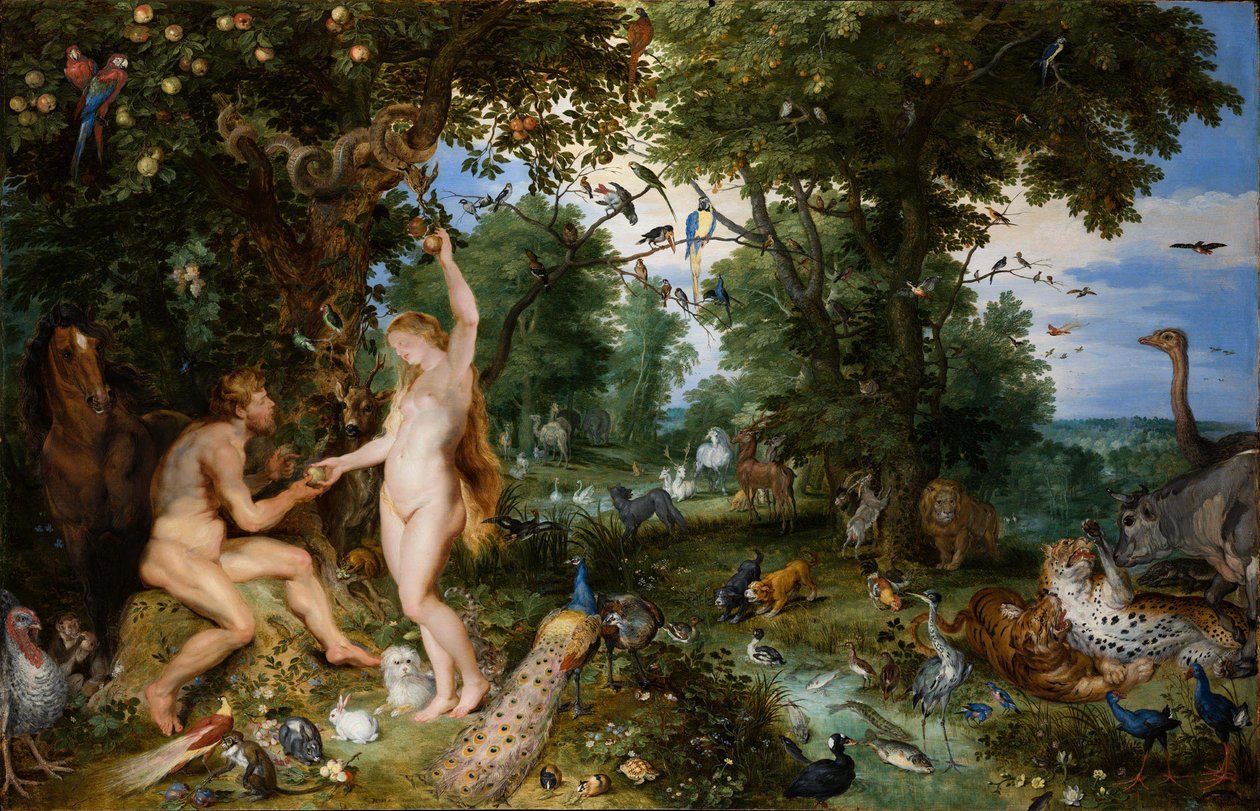 Eedenin puutarha ihmisen lankeemuksella, n. 1615. tekijältä Jan the Elder Brueghel