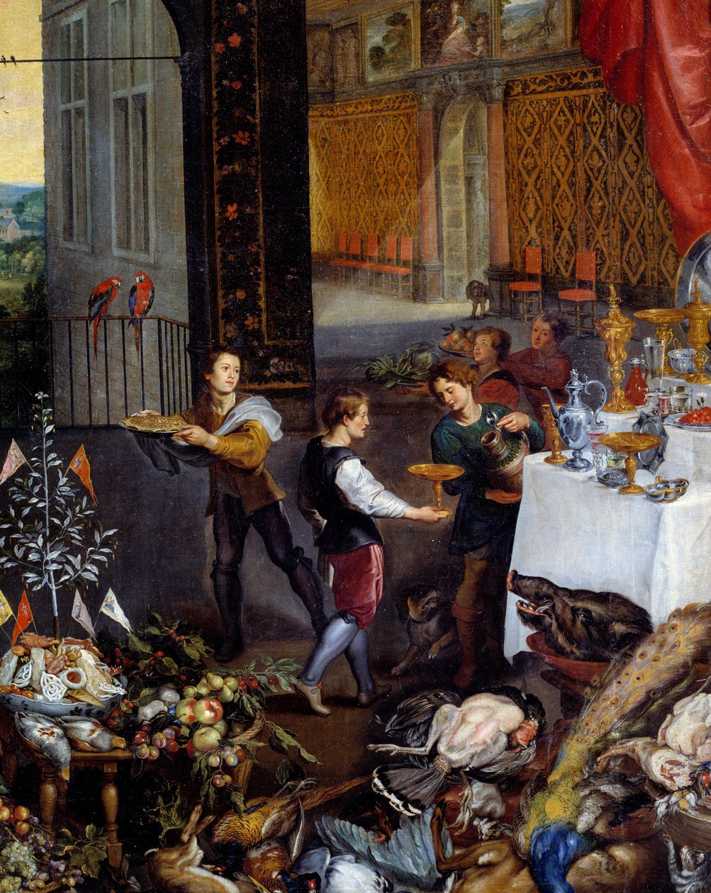 Maku. Yksityiskohta palvelijoista, jotka tuovat riistaruokia, siipikarjaa juhlaan. Jan Brueghel Le Vieux