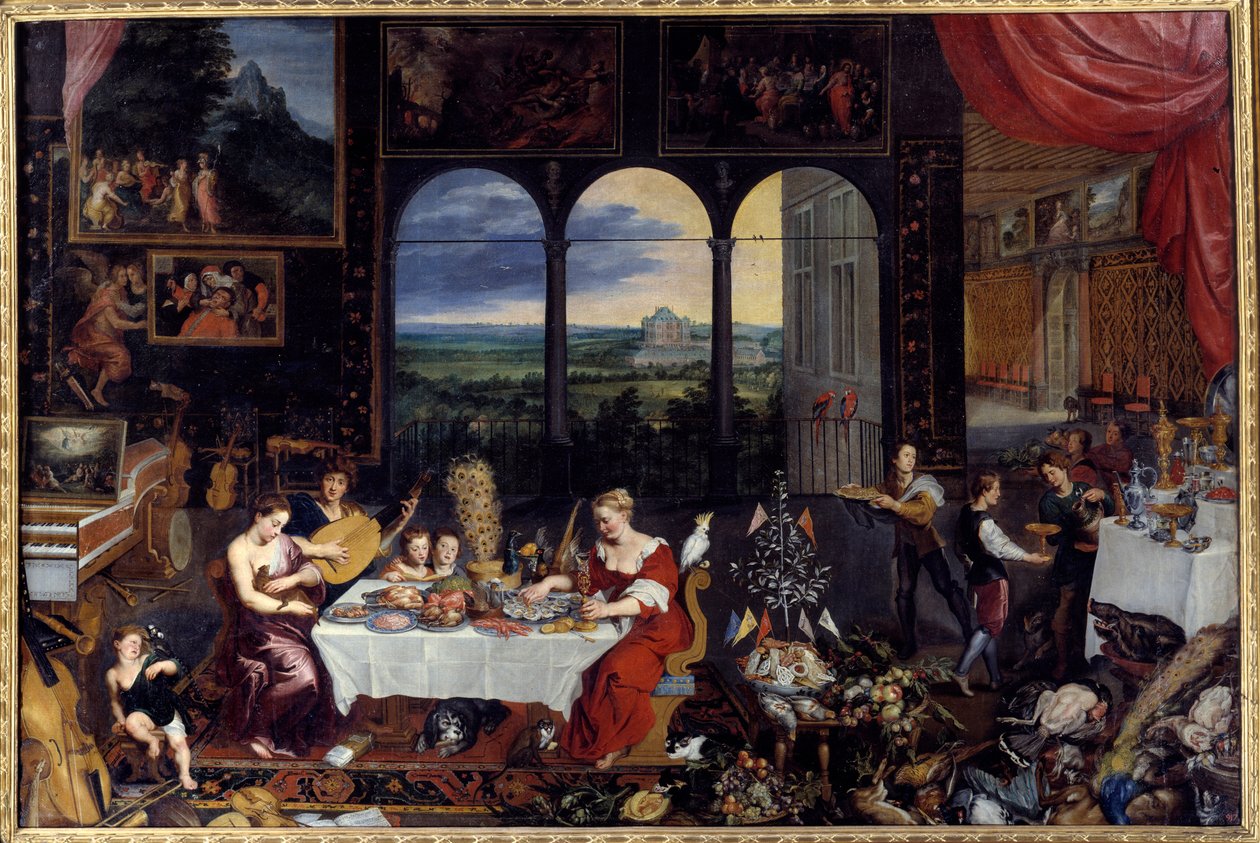 Maku, kuulo ja kosketus. Allegoria viidestä aistista Rikkaan perheen ateria: siipikarja ja äyriäiset (myös osterit) muodostavat juhlamenun. Jan I Brueghel Dit De Veloursin maalaus (1568-1625) Ec. Flam tekijältä Jan the Elder Brueghel
