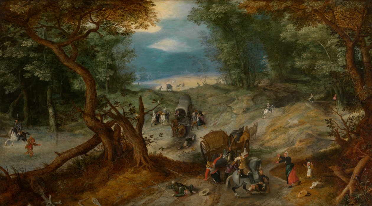 Sotilaat hyökkäävät matkustajien kimppuun (öljy) tekijältä Jan the Elder Brueghel